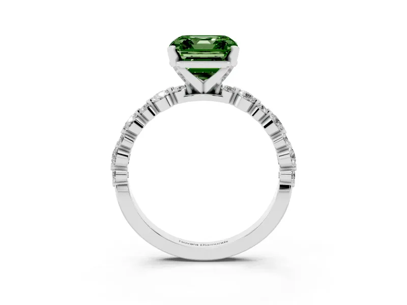 Fancy Green Asscher Cut Diamond Prong Set Engagement Ring Set in Silver with Round Accent Pavé Band