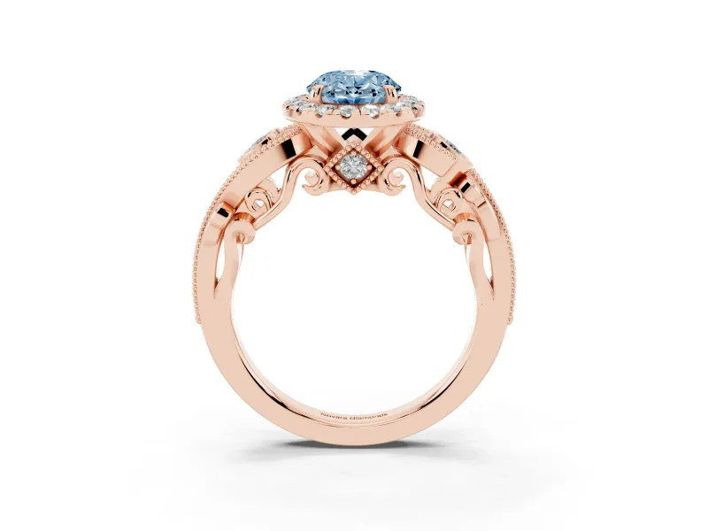 Fancy Blue Oval Cut Diamond Halo Ring Set in Rose gold with Milgrain Pavé Band and Prong Setting