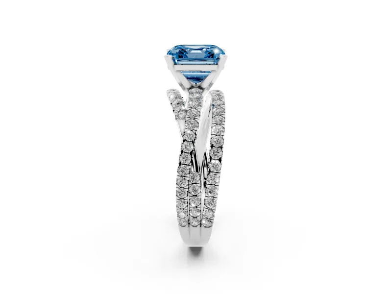 Fancy Blue Asscher Cut Diamond Solitaire Twist Band Ring Set in Platinum with Pavé Setting and Prong Head