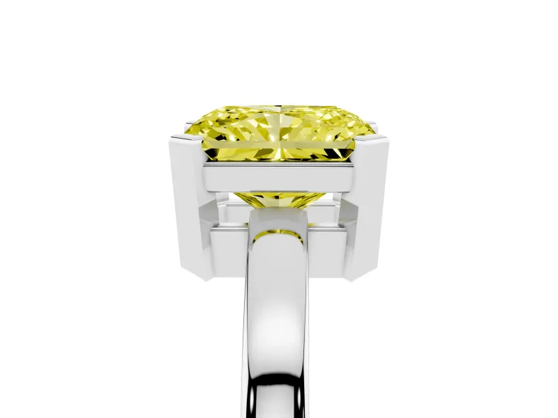 Fancy Yellow Radiant Cut Diamond Solitaire Ring Set in Platinum with Prong Head and Smooth Polished Band