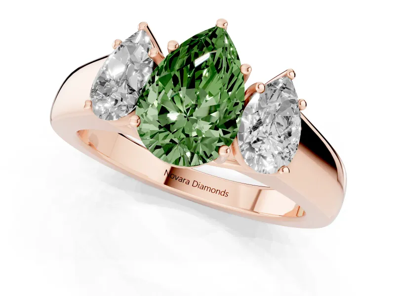 Fancy Green Three-Stone Pear Cut Diamond Ring Set in Rose gold with Matching Prong Settings and Plain Band