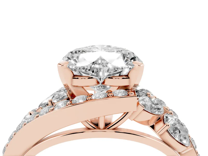 Heart Cut Diamond Halo Ring Set in Rose gold with Marquise and Pavé Band in Prong Setting
