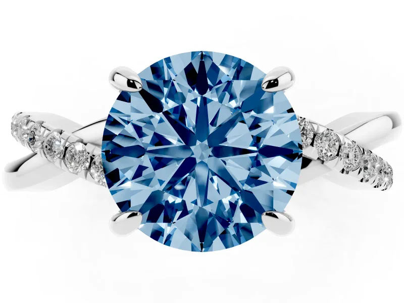 Fancy Blue Round Cut Diamond Twist Band Solitaire Set in Silver with Pavé Accents and Prong Setting