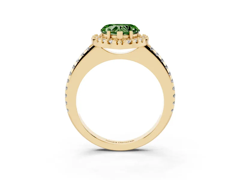 Heart-Shaped Pave Halo Engagement Ring Setting for a Fancy Green Lab-Grown Diamond | Pave Band | Yellow Gold