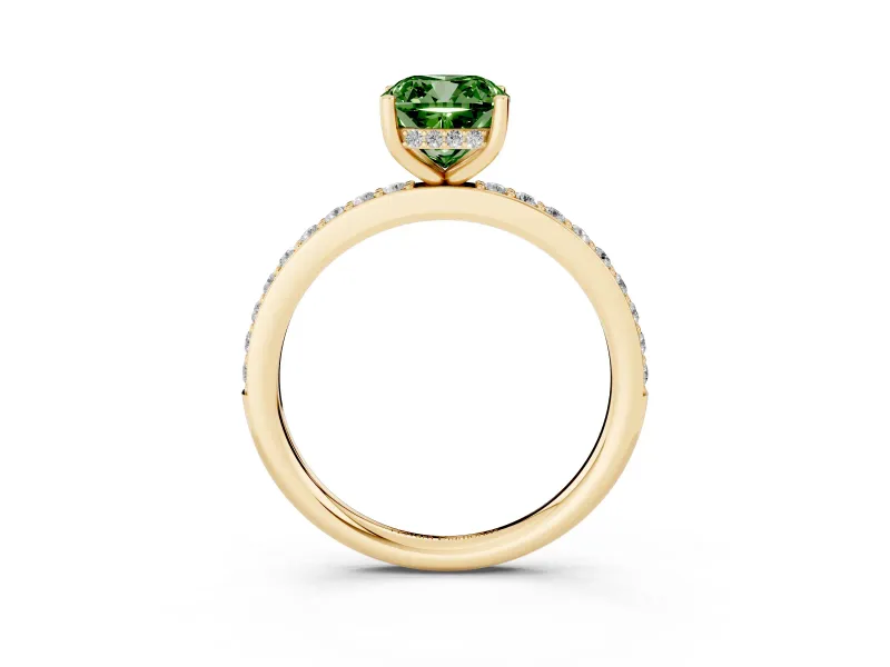 Fancy Green Cushion Cut Diamond Pavé Band Ring Set in Yellow gold with Prong-Set Center Stone