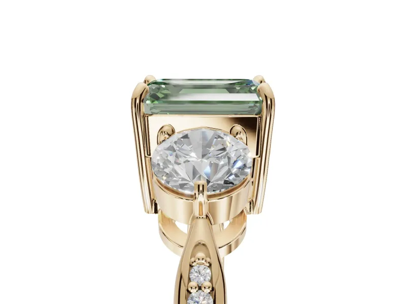Emerald Cut Three Stone Engagement Ring Setting for a Fancy Green Lab-Grown Diamond | Tapered Pave Band | Yellow Gold