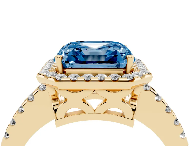 Asscher Cut Pave Halo Engagement Ring Setting for a Fancy Blue Lab-Grown Diamond | Yellow Gold
