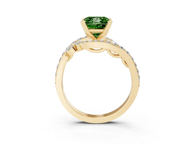 Fancy Green Princess Cut Diamond Solitaire Ring Set in Yellow gold with Pavé Twist Band and Secure Prong Setting