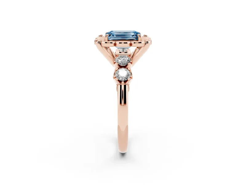 Emerald Cut Floral Engagement Ring Setting for a Fancy Blue Lab-Grown Diamond | Petal Frame and Side Stones | Rose Gold
