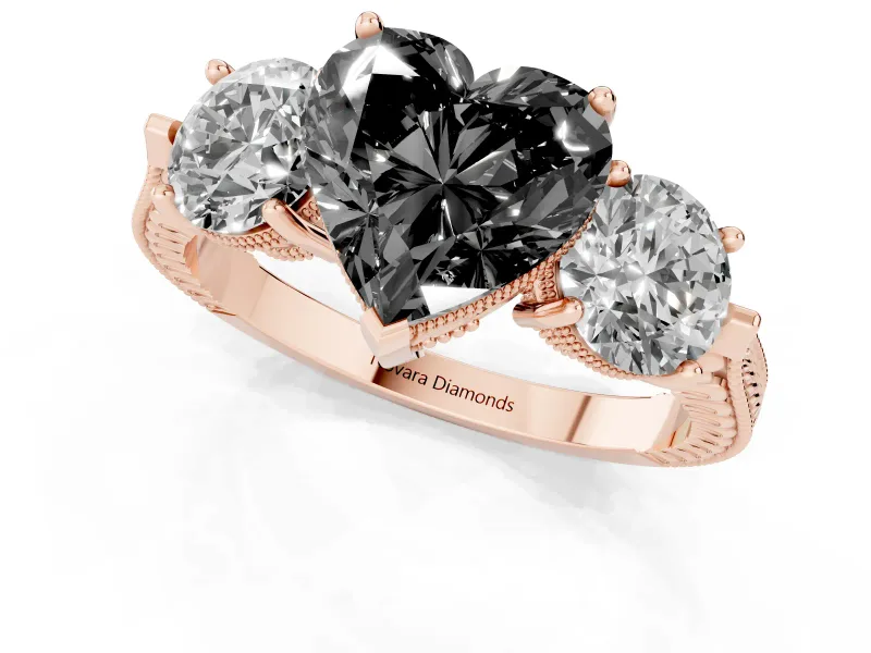 Heart-Shaped Vintage Three Stone Engagement Ring Setting for a Black Center | Milgrain Band | Rose Gold