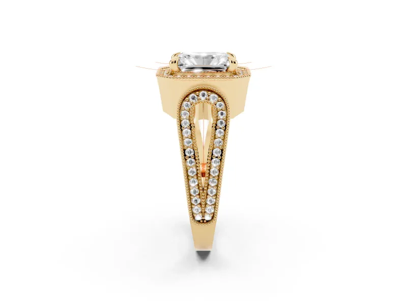 Radiant Cut Vintage Milgrain Halo Engagement Ring Setting | Open Loop Pave Shoulders | Yellow Gold