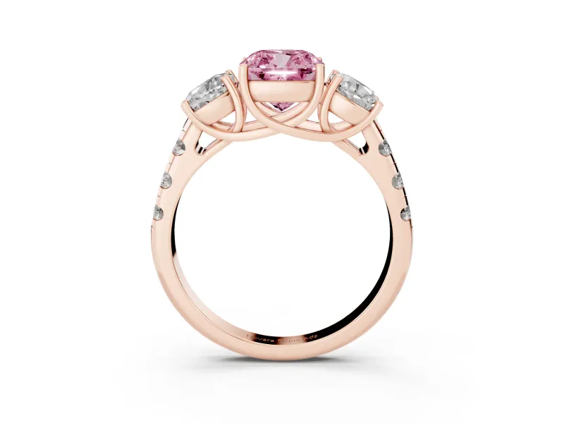 Fancy Pink Cushion Cut Diamond Three-Stone Ring Set in Rose gold with Pavé Band