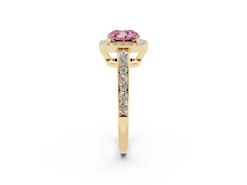 Cushion Cut Framed Halo Engagement Ring Setting for a Fancy Pink Lab-Grown Diamond | Yellow Gold