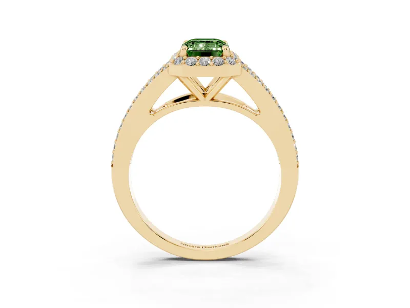 Emerald Cut Halo Engagement Ring Setting for a Fancy Green Lab-Grown Diamond | V-Split Pavé Band | Yellow Gold
