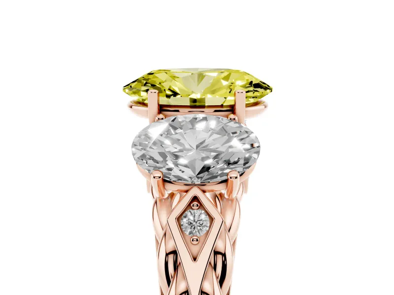 Oval Three Stone Engagement Ring Setting for a Fancy Yellow Lab-Grown Diamond | Braided Band | Rose Gold