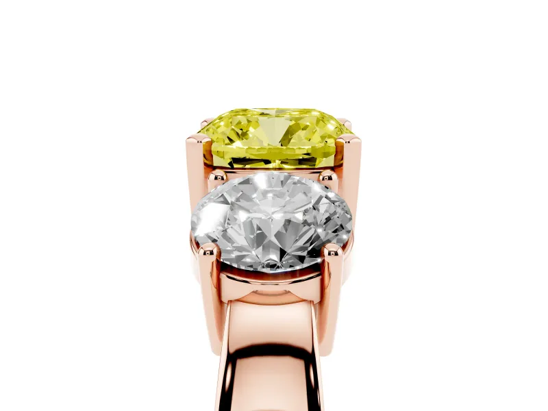 Cushion Cut Three Stone Engagement Ring Setting for a Fancy Yellow Lab-Grown Diamond | Wide Plain Band | Rose Gold