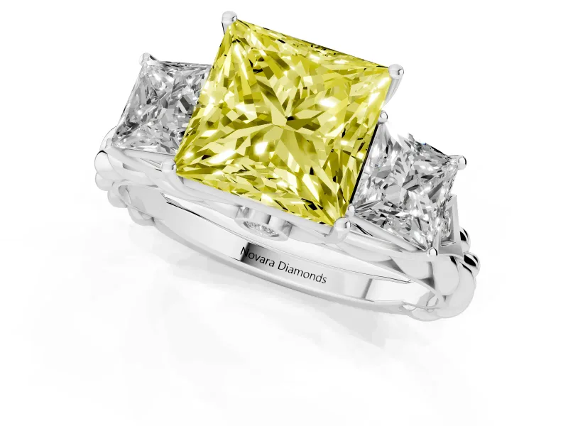 Fancy Yellow Princess Cut Diamond Three-Stone Ring Set in White gold with Braided Band