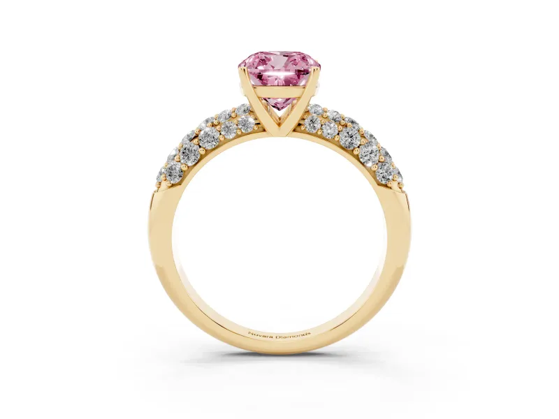 Cushion Cut Multi Row Pave Engagement Ring Setting for a Fancy Pink Lab-Grown Diamond | Yellow Gold