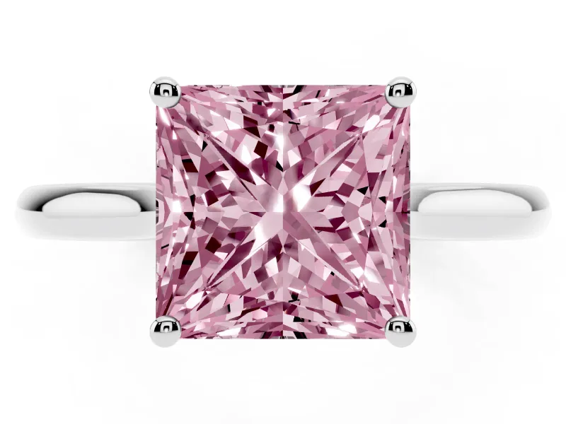 Fancy Pink Princess Cut Diamond Solitaire Ring Set in Silver with Cathedral Band and Prong Setting