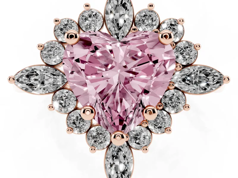 Fancy Pink Heart Cut Diamond Cluster Halo Ring Set in Rose gold with Marquise and Round Accents