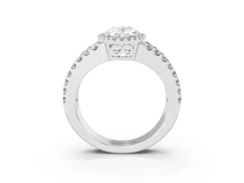 Oval Cut Diamond Halo Ring Set in White gold with Pavé Split Shank and Prong Setting