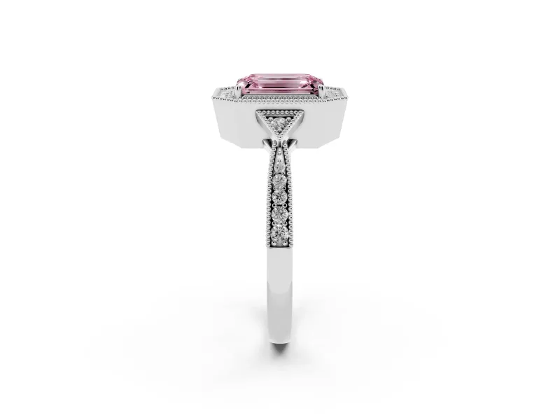 Fancy Pink Emerald Cut Diamond Halo Engagement Ring Set in White gold with Milgrain Pavé Band