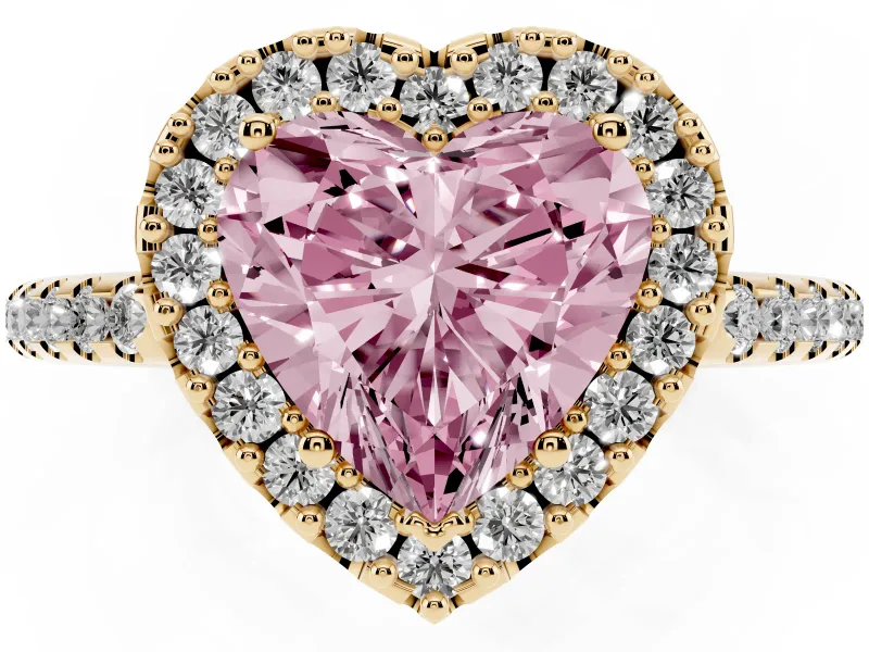 Heart-Shaped Pave Halo Engagement Ring Setting for a Fancy Pink Lab-Grown Diamond | Pave Band | Yellow Gold