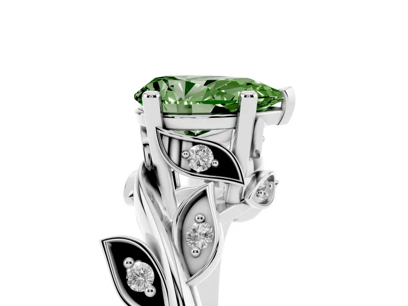 Fancy Green Pear Cut Diamond Solitaire Twist Engagement Ring Set in Silver with Pavé Leaf Accents