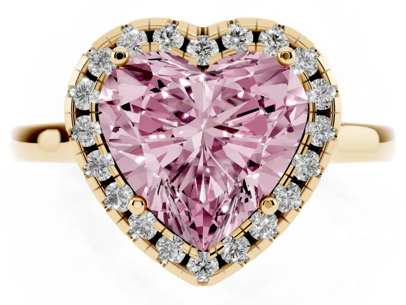 Fancy Pink Heart Cut Halo Round Diamond Solitaire Ring Set in Yellow gold with Pavé Band and Prong Setting