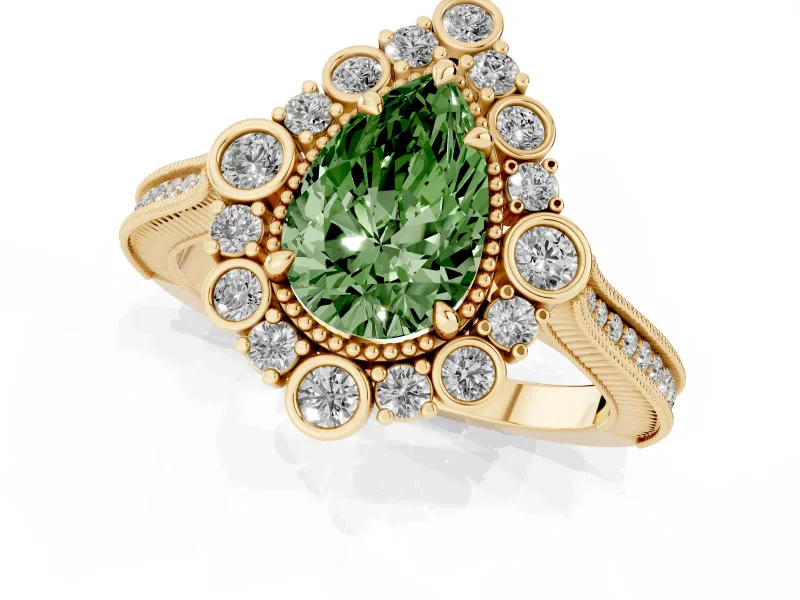Pear-Shaped Scalloped Halo Engagement Ring Setting for a Fancy Green Lab-Grown Diamond | Milgrain Edges | Yellow Gold