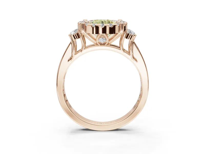 Round Halo Engagement Ring Setting for a Fancy Yellow Lab-Grown Diamond | Side Clusters | Rose Gold