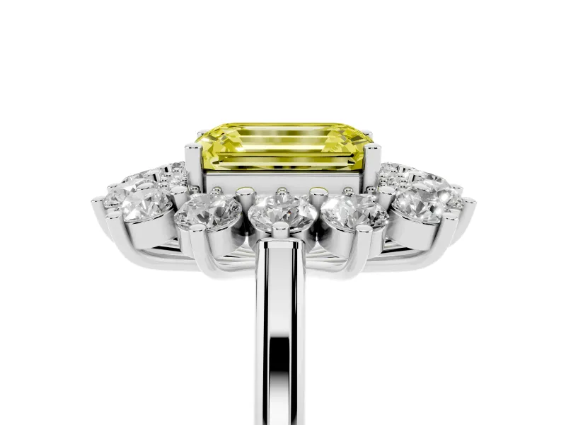 Emerald Cut Floral Halo Engagement Ring Setting for a Fancy Yellow Lab-Grown Diamond | Plain Band | Sterling Silver