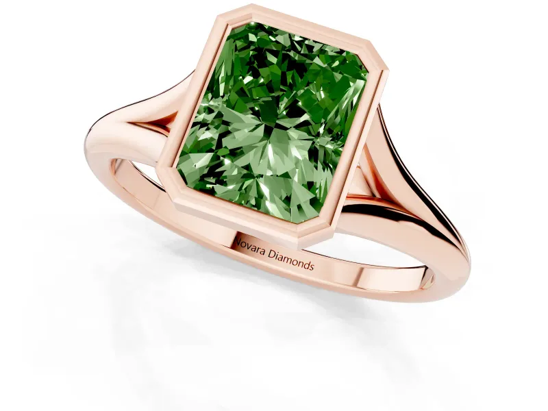 Fancy Green Bezel Set Radiant Cut Diamond Solitaire Ring Set in Rose gold with Tapered Band