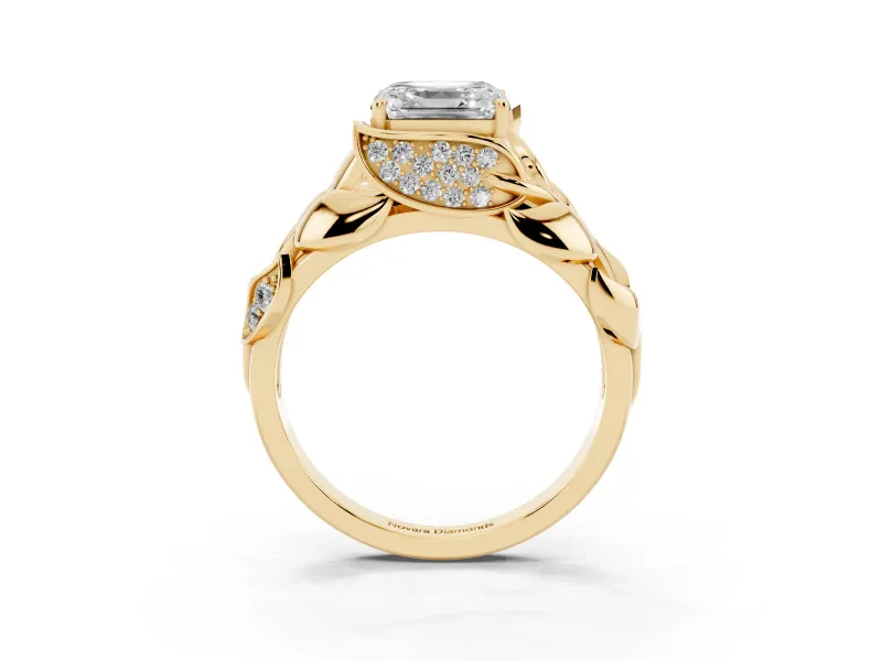 Asscher Cut Leaf Bypass Engagement Ring Setting | Pave Leaf Accents | Yellow Gold