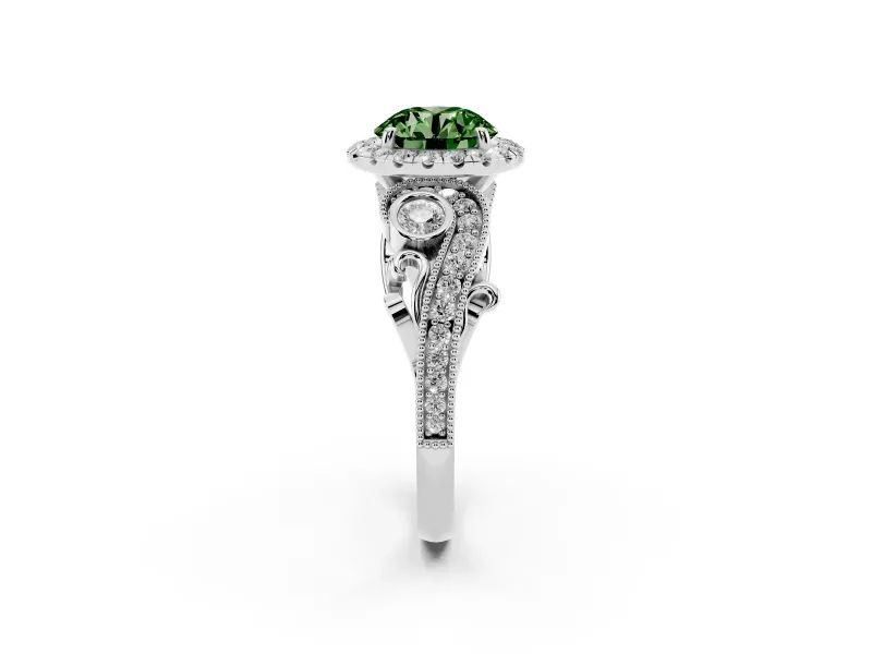 Round Vintage Halo Engagement Ring Setting for a Fancy Green Lab-Grown Diamond | White Gold