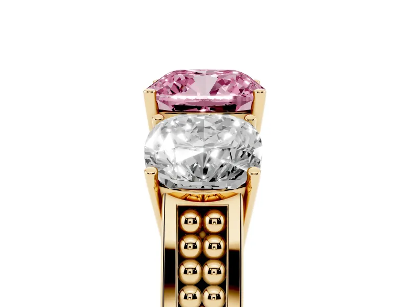 Cushion Cut Three Stone Engagement Ring Setting for a Fancy Pink Lab-Grown Diamond | Beaded Shoulders | Yellow Gold