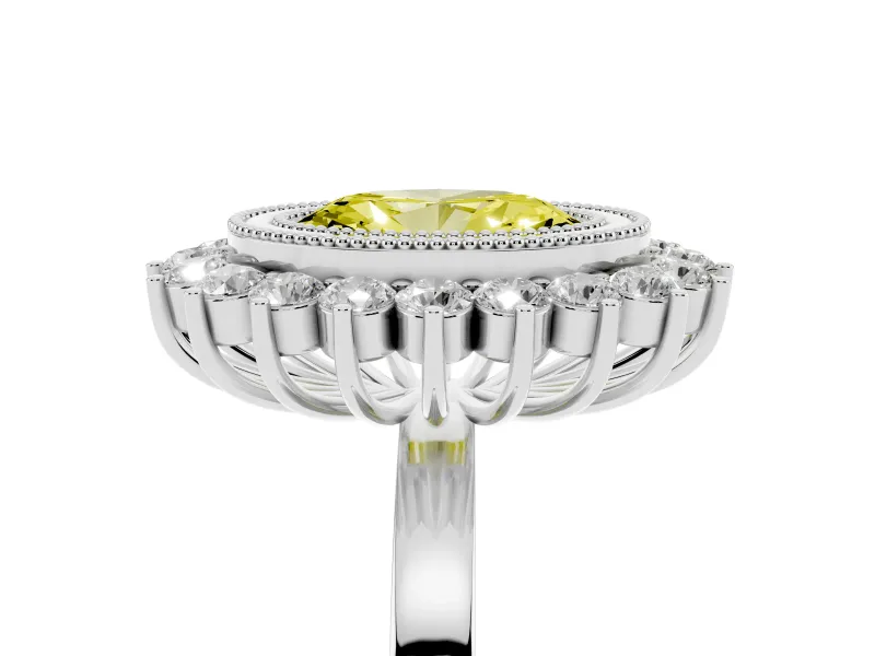 Fancy Yellow Oval Cut Diamond Halo Ring Set in White gold with Milgrain Edge and Round Prong Setting