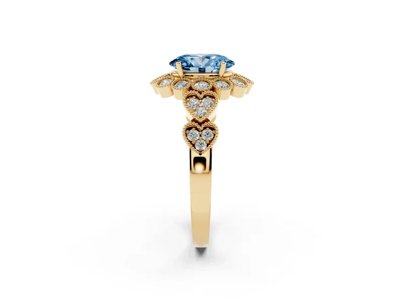Oval Scalloped Halo Engagement Ring Setting for a Fancy Blue Lab-Grown Diamond | Heart Pavé Band | Yellow Gold