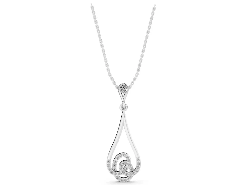 Round Lab-Grown Diamond Pavé Swirl Teardrop Pendant Necklace | Open Drop | White Gold