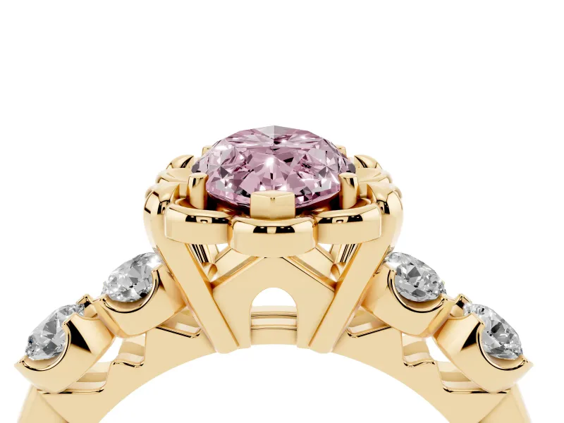 Marquise Floral Engagement Ring Setting for a Fancy Pink Lab-Grown Diamond | Petal Frame and Side Stones | Yellow Gold