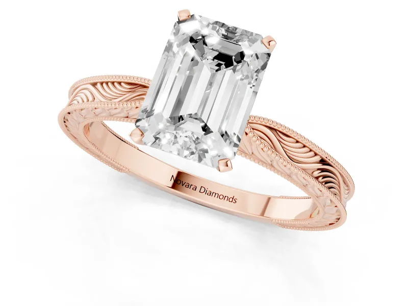 Emerald Cut Engraved Solitaire Engagement Ring Setting | Milgrain Edges | Rose Gold