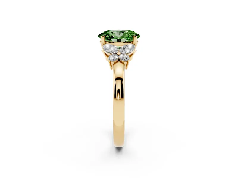 Fancy Green Oval Cut Diamond Solitaire Floral Ring Set in Yellow gold with Marquise Petals and Prong Setting