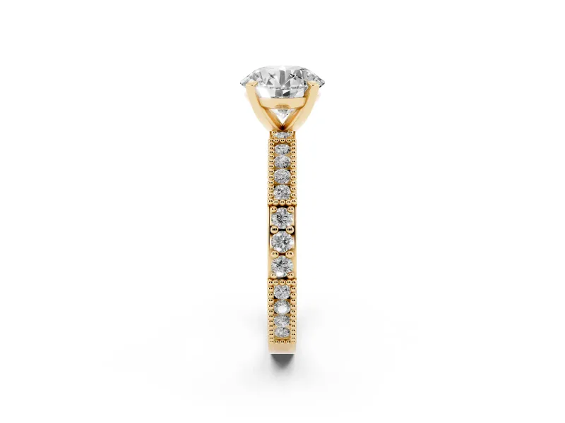 Round Vintage Pavé Solitaire Engagement Ring Setting | Milgrain Edges | Yellow Gold