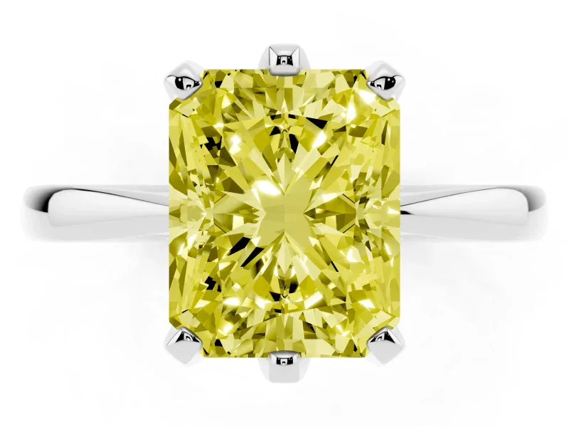 Fancy Yellow Radiant Cut Diamond Solitaire Engagement Ring Set in Platinum with Slim Tapered Solitaire Band