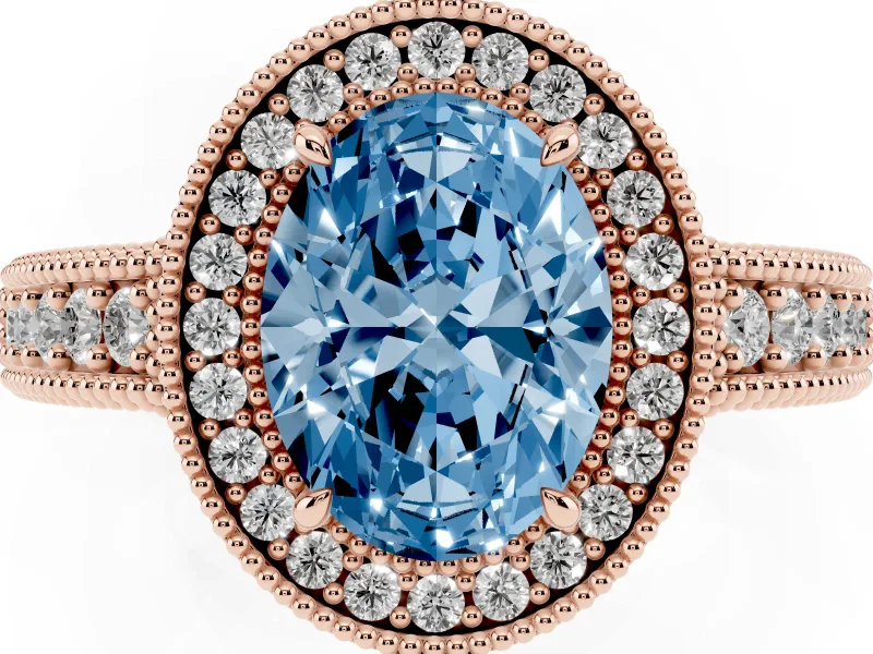 Fancy Blue Oval Cut Diamond Halo Ring Set in Rose gold with Round Accent Halo, Pavé Band and Prong Setting
