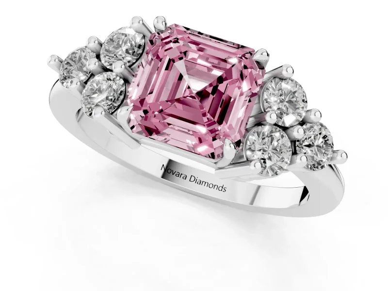 Fancy Pink Asscher Cut Diamond Solitaire Ring Set in Platinum with Cluster Accents on Each Side