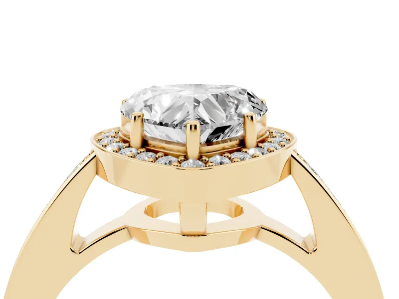 Heart Cut Diamond Halo Pavé Engagement Ring Set in Yellow gold with Bezel Setting