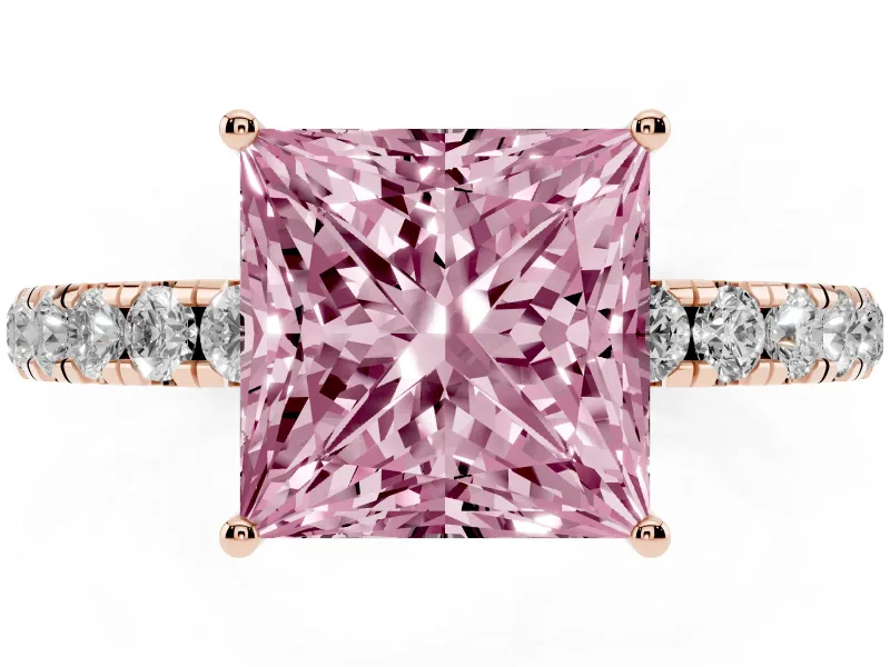 Princess Cut Pave Engagement Ring Setting for a Fancy Pink Lab-Grown Diamond | Shared Prong Band | Rose Gold