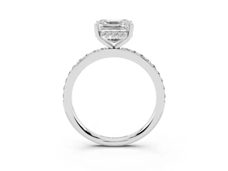 Asscher Cut Diamond Pavé Band Ring Set in White gold with Prong-Set Center Stone