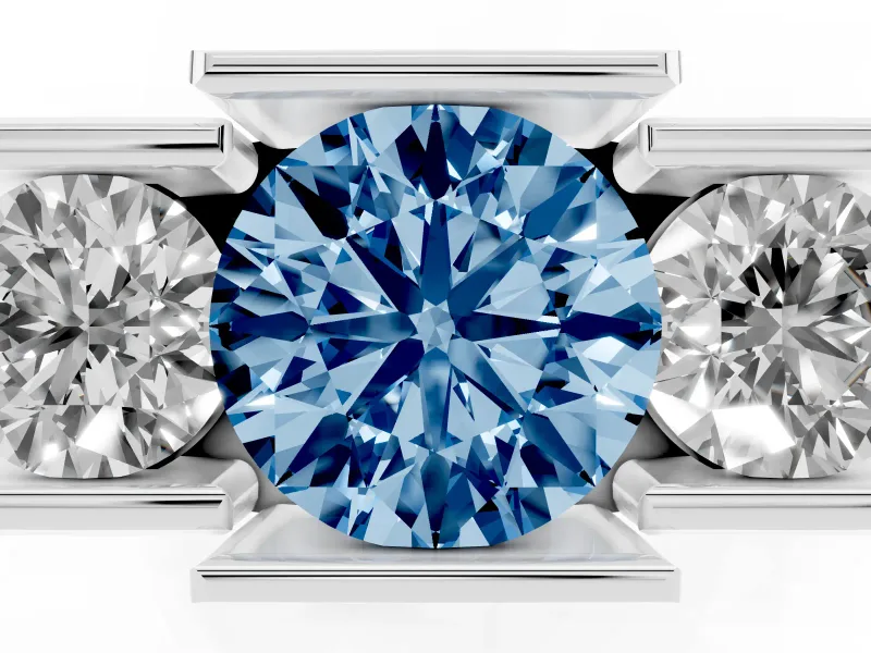 Round Channel-Set Three Stone Engagement Ring Setting for a Fancy Blue Lab-Grown Diamond | Wide Flat Band | White Gold